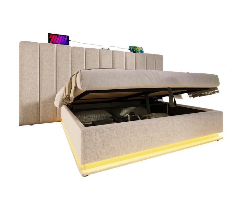Lit Adulte LED 180x200 Cm Avec Rangement Hydraulique, Ports USB/type-c Et Éclairage, Lin Beige