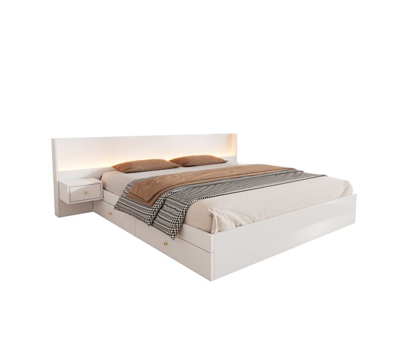 Lit Adulte LED 180x200 Cm Blanc Avec 2 Tiroirs, 2 Tables De Chevet, Ports USB