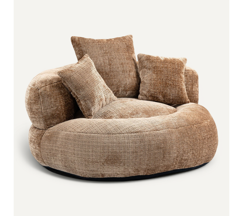 Fauteuil Pouf Poire Lounge 108x108x52 Cm Tissu Chenille Café, Dossier Haut, Assise Spacieuse
