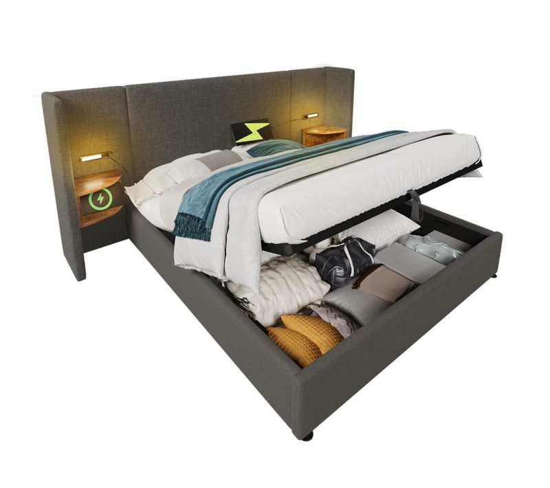 Lit Coffre 180x200 Cm Avec Rangement Hydraulique Et Tête De Lit Avec USB Et Lampe LED, Lin Gris