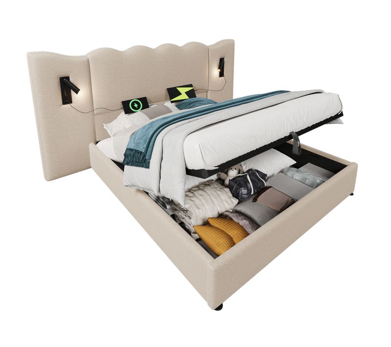 Lit Coffre 180x200 Cm 2 Places Avec Rangement, Ports USB Et Type-c, Lampes LED, Lin Beige