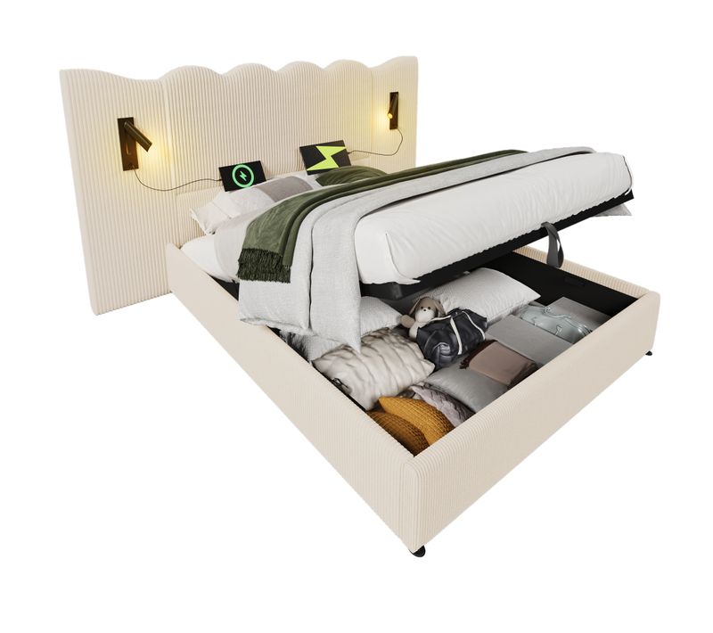 Lit Adulte 180x200 Cm Avec Coffre De Rangement, Ports USB/type-c, Lampes LED, Velours Côtelé Beige