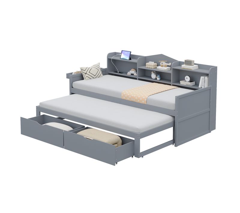 Lit Enfant Gigogne 90x200 Cm Avec 2 Tiroirs, Grand Rangement, Port USB, Bois Gris