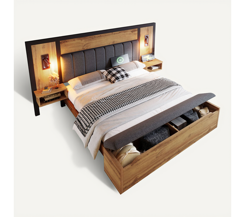 Lit Adulte 180x200 Cm 2 Places En Métal Et Bois, Tête En Lin, Lampes LED Et Ports USB, Banquette