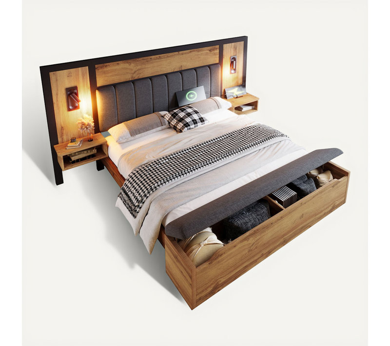 Lit Adulte 160x200 Cm Métal Et Bois Chêne, Lin, Banquette De Rangement, Lampes LED, Ports USB