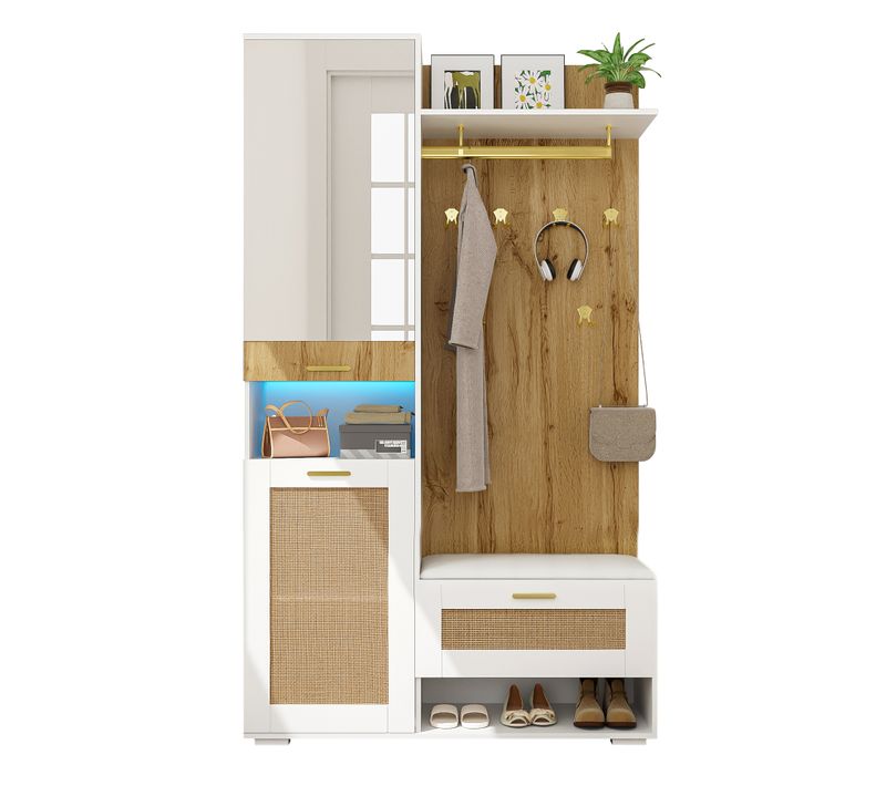 Vestiaire D'entrée H.190 Cm Avec Miroir Et Rangements, LED 16 Couleurs, Effet Bois Et Blanc