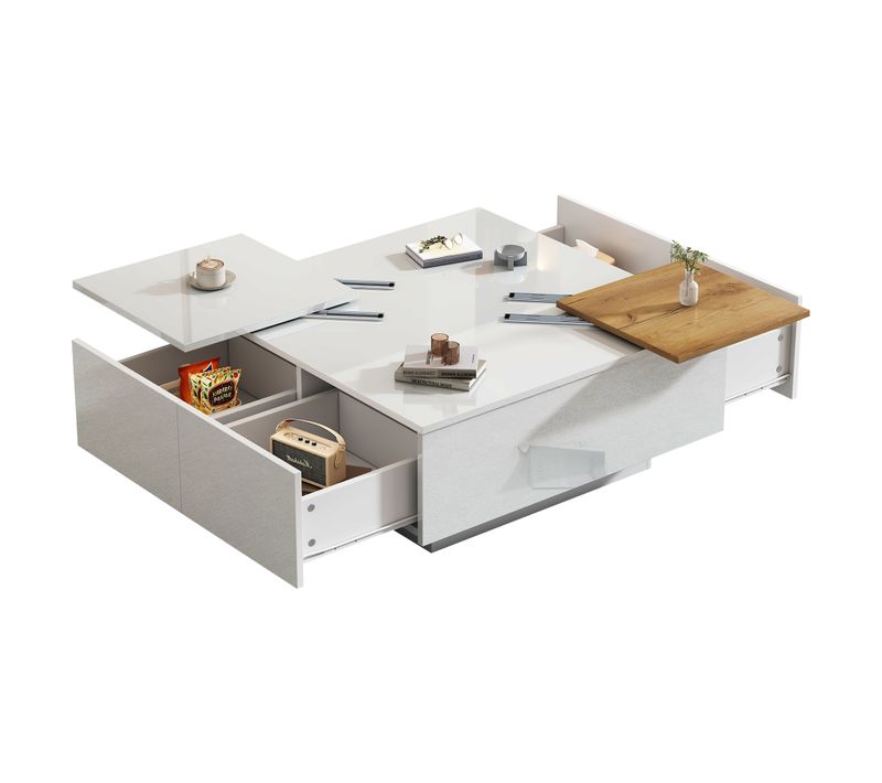 Table Basse Carrée Blanche Laquée 75x75x33,5 Cm Avec 4 Tiroirs Et Plateaux Coulissants