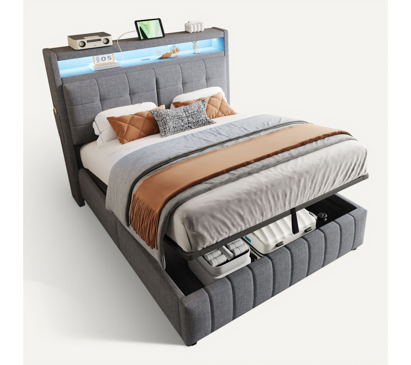 Lit Coffre 140x200cm Lin Gris, lit Adulte Avec LED, Ports USB, Sommier à Lattes