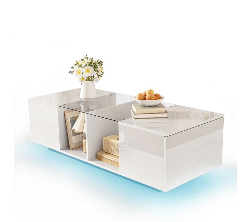 Table Basse 120 X 50 X 38,5 Cm Blanche Avec Plateau En Verre Et Éclairage LED