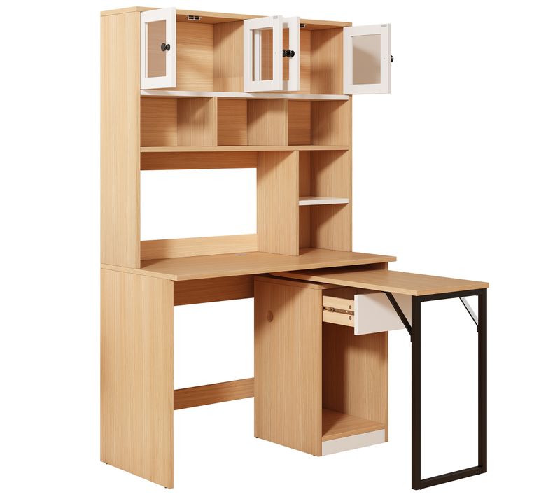 Bureau Avec Armoire 180 Cm, 4 Portes Acryliques, Tiroir Et Étagères, Blanc/naturel, Chambre Et Salon