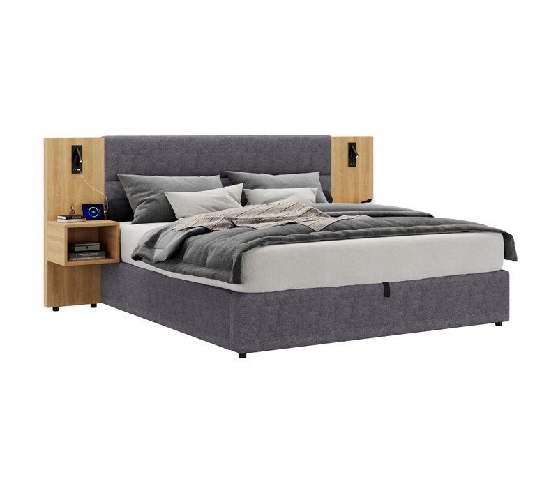 Lit Adulte Coffre 160x200 Cm Velours Gris Et Bois Naturel, 2 Chevets, Lampes LED, Ports USB/type-c