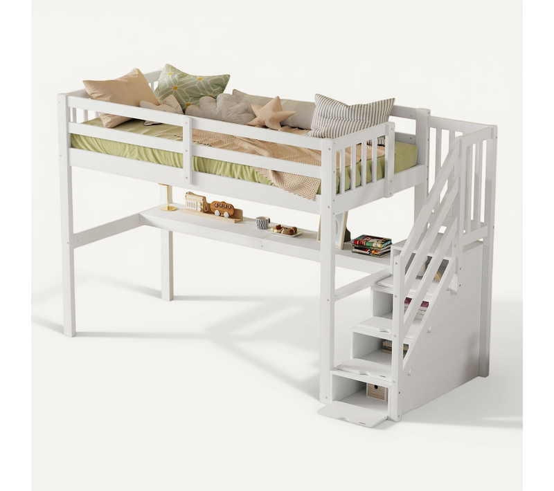 Lit Mezzanine Enfant 90x200 Cm Bois De Pin Blanc Avec Bureau Intégré, Escalier De Rangement