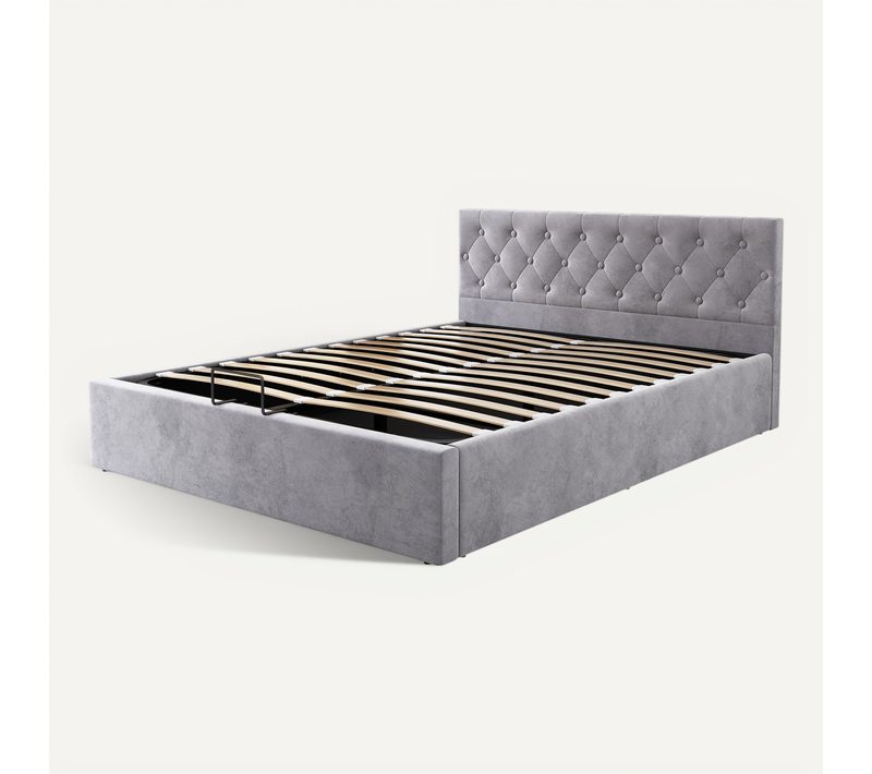 Lit Adulte Coffre 140x200 Cm Velours Gris Avec Rangement Hydraulique Et Sommier à Lattes