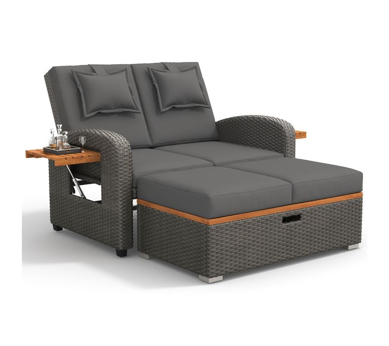 Bain De Soleil Jardin, Canapé Convertible Gris En Rotin Avec Tables, Repose-pieds Et Rangement