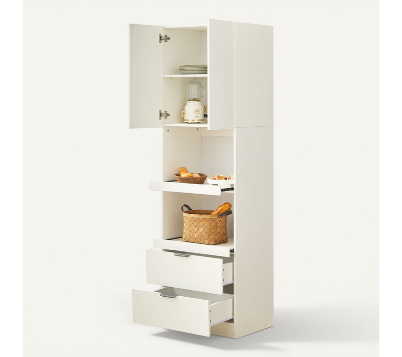 Buffet De Cuisine Haut 200 Cm Blanc Avec 2 Tiroirs Et 2 Porte, 2 Tablettes Coulissantes