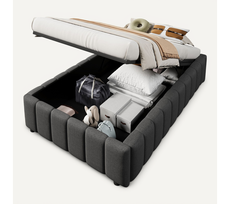 Lit Coffre 90x200 Cm Avec Rangement Hydraulique Et Sommier à Lattes, En Lin Gris