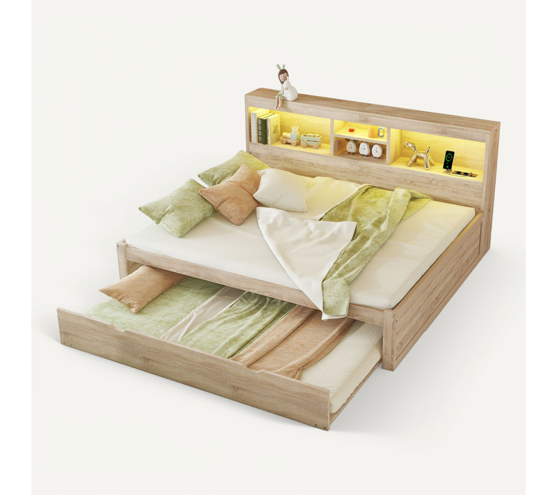Lit 140x200 Cm 2 Places Avec Lit Gigogne Aspect Bois, LED D’ambiance, Prises USB Et Rangements