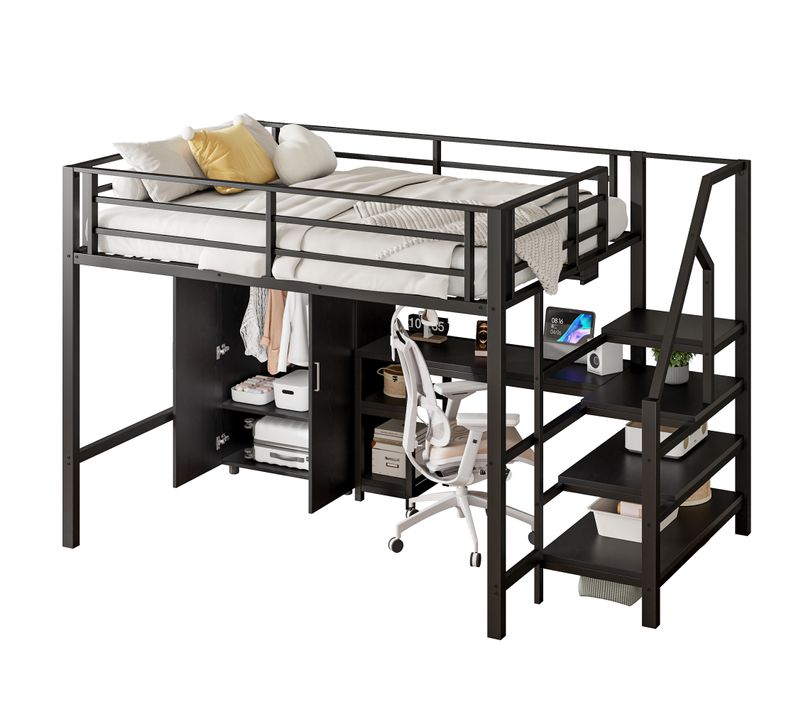Lit Mezzanine 140x200 Cm En Métal Noir Avec Bureau, Étagères, Armoire Et Échelle De Rangement