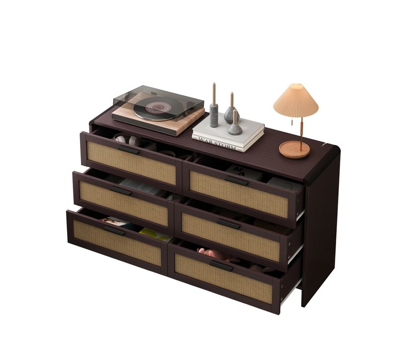 Commode 130 Cm Avec 6 Tiroirs En Rotin, Brun Rougeâtre, Chambre Et Salon