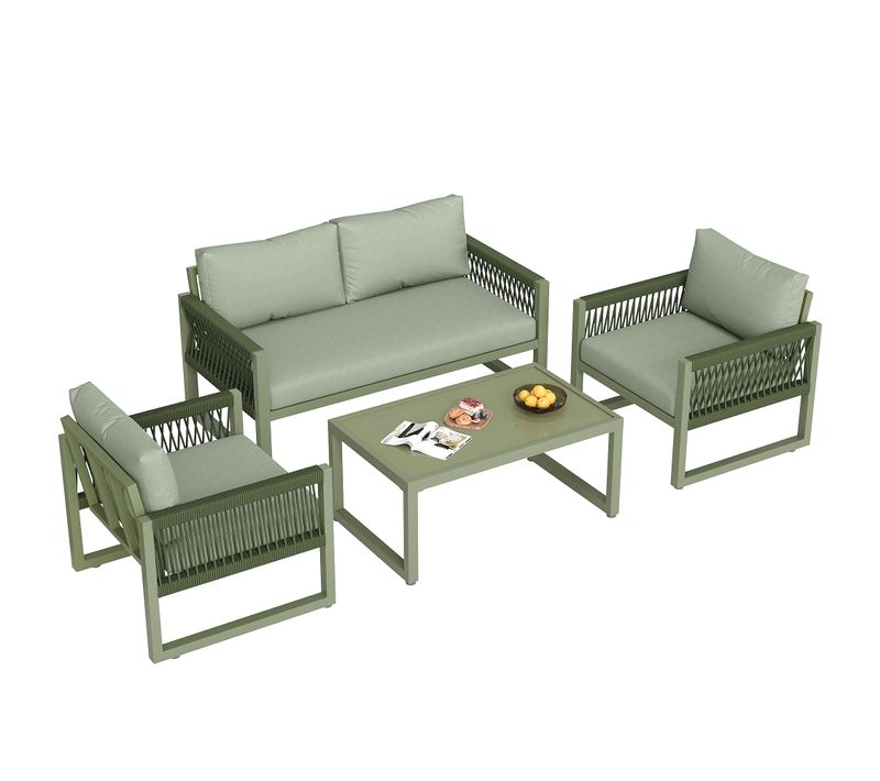 Salon De Jardin 4 Pièces Vert Avec Canapé 2 Places, 2 Fauteuils Et Table En Métal, Pour 4 Personnes