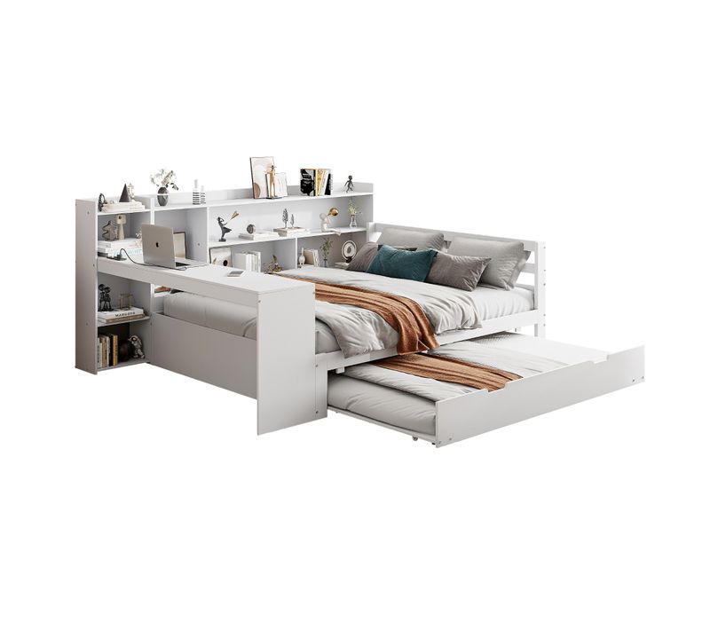Lit Adulte 140x200 Cm + Lit Gigogne 90x190 Cm Avec Bureau, Ports USB Et Rangements, Bois Blanc