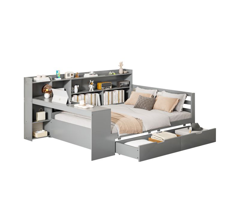 Lit 140x200 Cm 2 Places Avec Bureau Intégré, Ports USB, Étagères Et 2 Tiroirs, Bois Gris