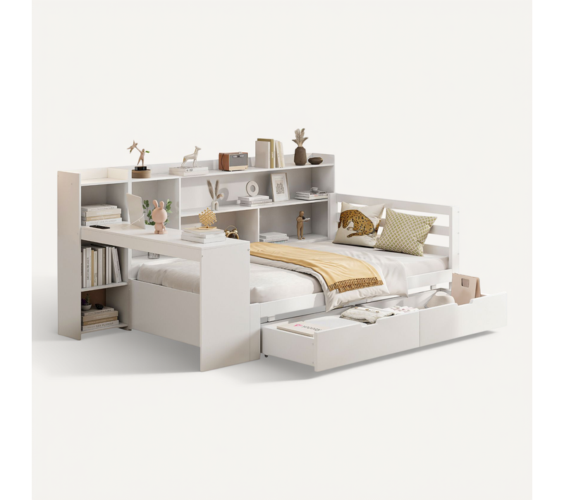 Lit Enfant 90x200 Cm Avec Bureau Intégré, USB, Étagères Et 2 Tiroirs, Bois Blanc