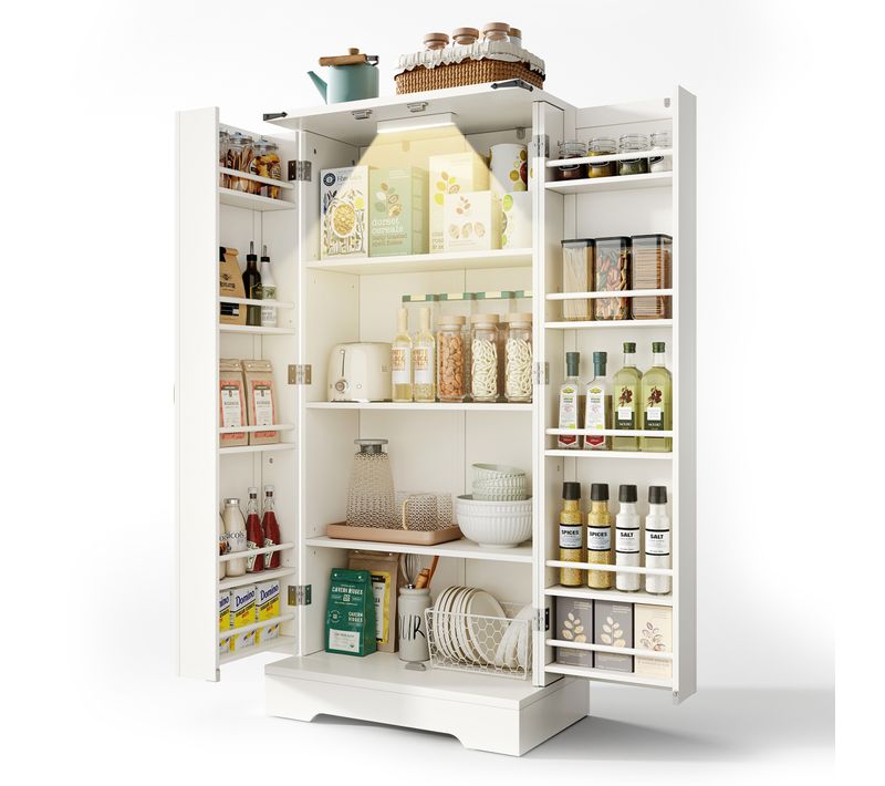 Buffet De Cuisine Blanc LED Haut 128.5cm – 2 Portes Battantes, Étagères Réglables