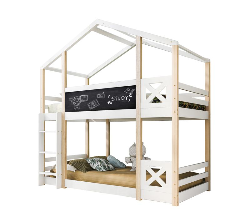 Lit Superposé Enfant 90x200 Cm Cabane Avec Sommier à Lattes, Bois De Pin Blanc Et Échelle