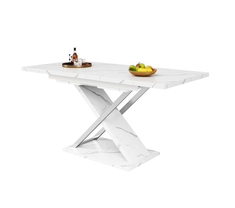 Table à Manger Extensible Blanche 118-157×75 Cm, Effet Marbre, Pieds Croisé Métal, 4–6 Personnes