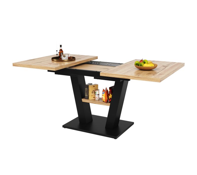 Table à Manger Extensible 118-157×70×75 Cm, Bois Naturel Et Métal Noir, Design Élégant