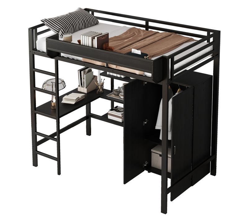 Lit Mezzanine Enfant 90x200 Cm Avec Bureau Intégré, Table D'appoint Et Armoire, Métal Noir