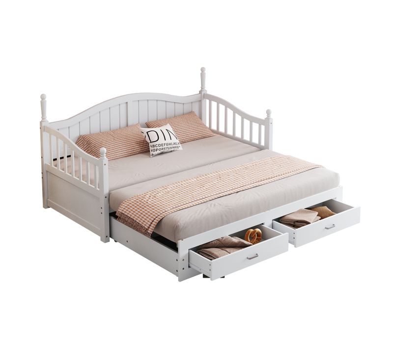 Lit Enfant Gigogne 90/180x190 Cm Extensible En Pin Blanc Avec 2 Tiroirs Et Sommier à Lattes