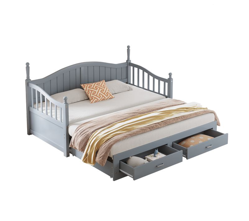 Lit Enfant Gigogne 90/180x190 Cm Extensible En Pin Naturel Avec 2 Tiroirs Et Sommier à Lattes