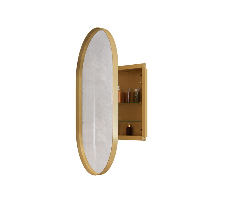 Miroir Avec Armoire De Rangemenr Salle De Bain, Cadre Métal Doré, Étagères Réglables