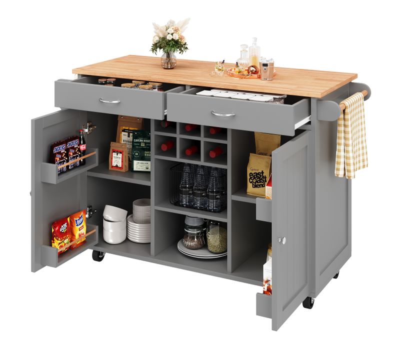 Desserte De Cuisine 102x45x92 Cm Gris à Roulettes, Aspect Bois, Avec Rangements Et Casiers à Vin
