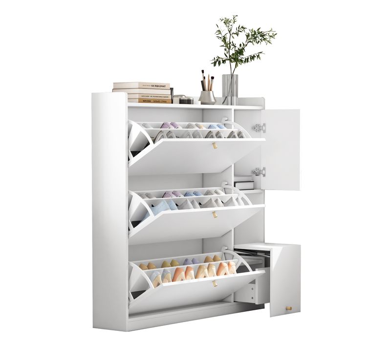 Meuble à Chaussures Blanc 119x24x122 Cm Avec 3 Portes Basculants Et Banc Rabattable