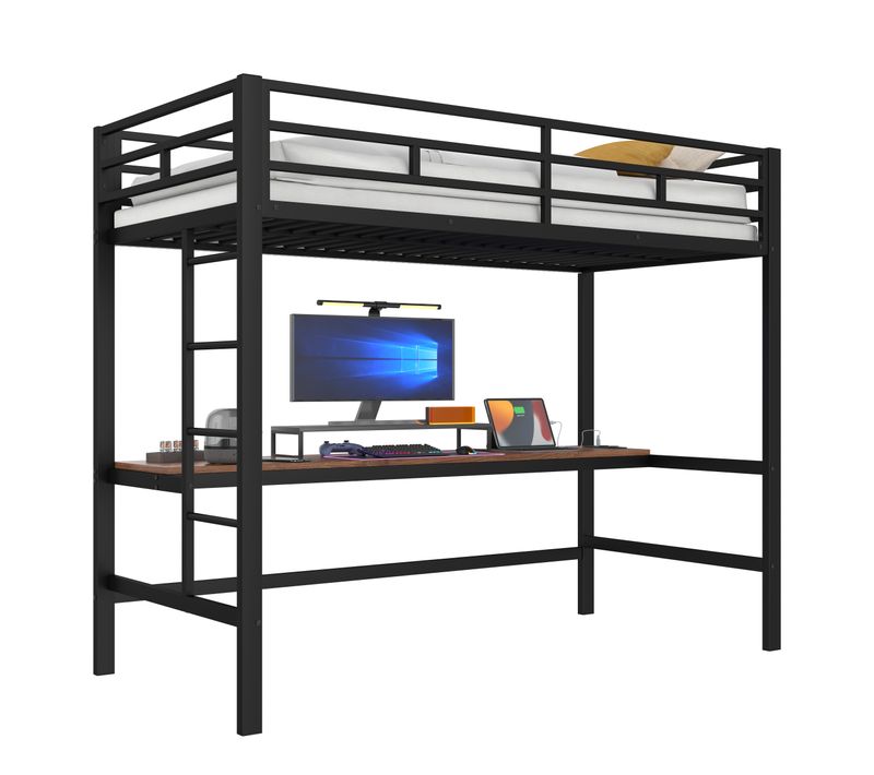 Lit Mezzanine Enfant 90x200 Cm En Métal Avec Bureau, LED, Ports USB Et Échelle Sécurisée, Noir