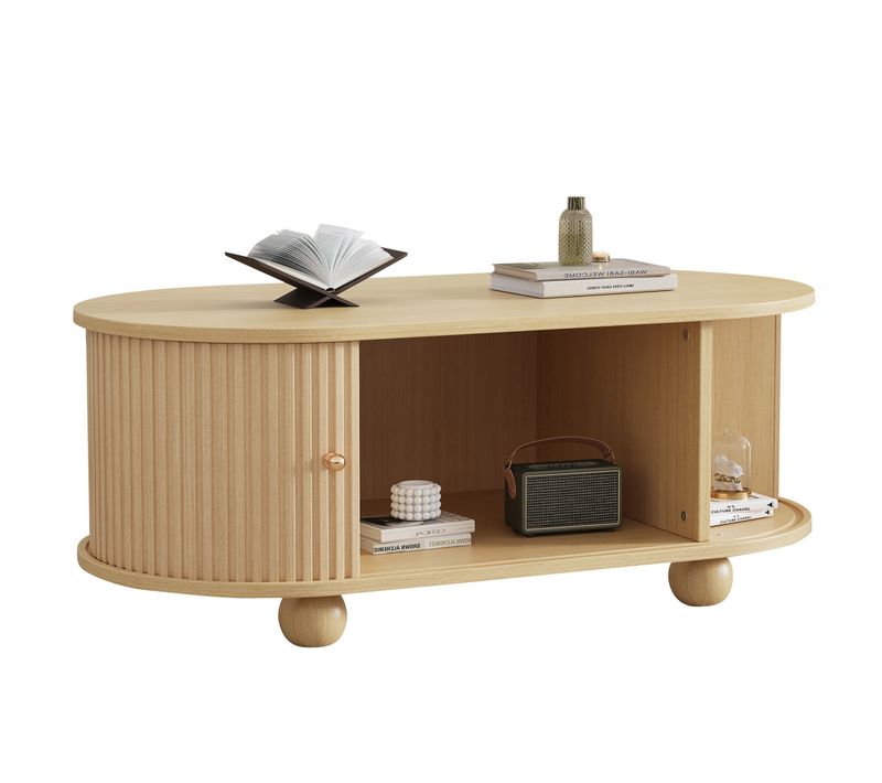 Table Basse Ovale 100x50x40 Cm En Bois Avec Rangement Et Portes Coulissantes, Salon