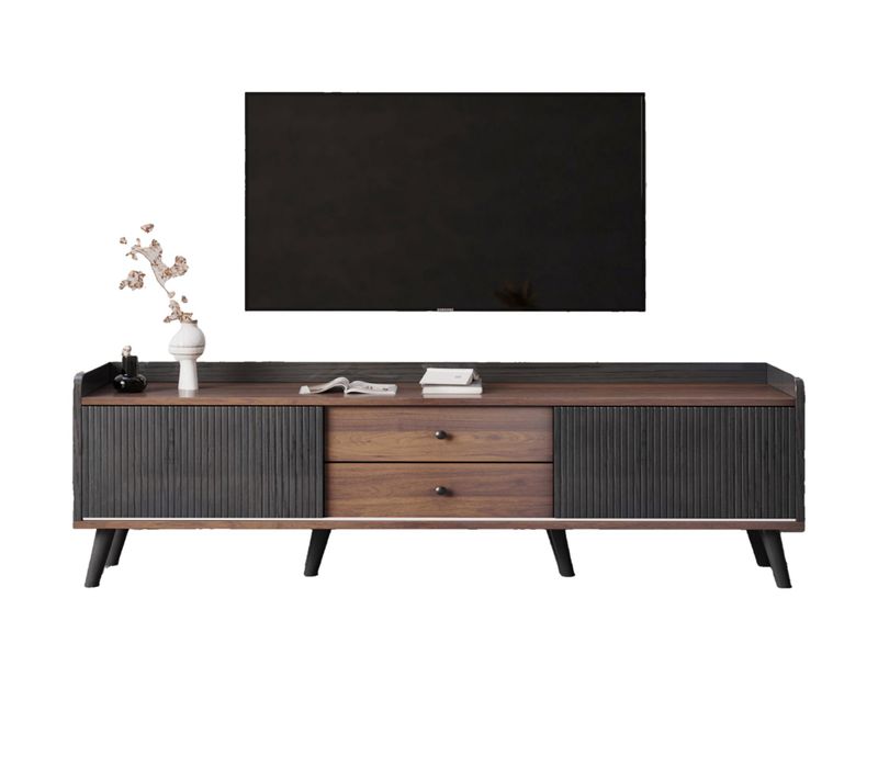 Meuble TV Noir Et Bois 160x40x58 Cm Avec 2 Tiroirs Et 2 Portes Coulissantes, Pieds En Bois