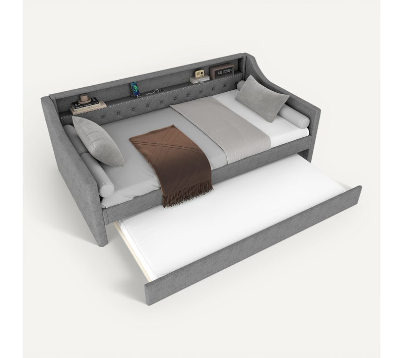 Lit Enfant 90x200 Cm Avec Lit Gigogne 90x190 Cm Avec LED Et Ports USB, Lin Gris, Sommier à Lattes