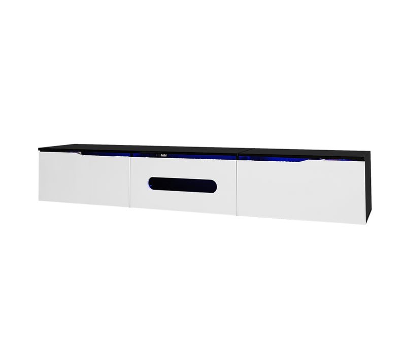 Meuble TV Blanc Et Noir Laqué 180x35x30 Cm Éclairage LED, Avec 3 Portes, Montage Mural Possible