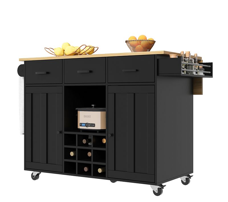 Desserte De Cuisine Pliante Noir Avec 3 Tiroirs, 2 Portes Et Casier à Vin, Sur Roulettes
