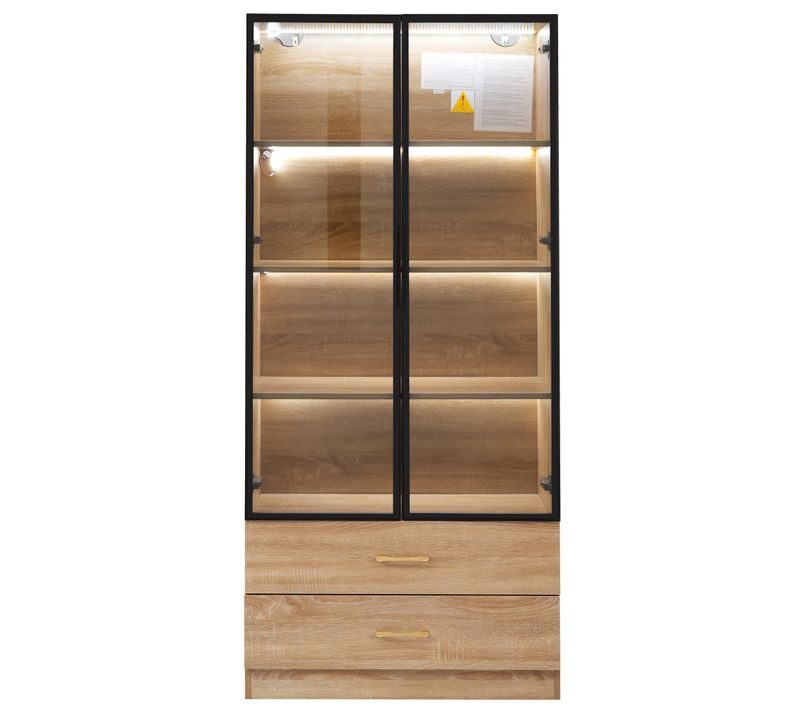 Vitrine Couleur Bois Naturel 170 Cm LED Avec 2 Grands Tiroirs, 2 Portes En Verre Trempé