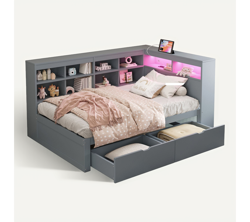 Lit Enfant LED 90x200 Cm Avec Rangements, 2 Tiroirs Et Prise USB, Bois De Pin Gris