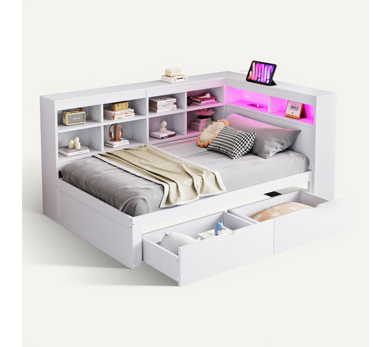 Lit Enfant LED 90x200 Cm Avec Rangements, 2 Tiroirs Et Prise USB, Bois De Pin Blanc