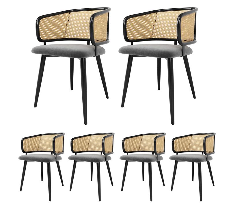 Chaise Salle à Manger 6 Pièces 47x51x79 Cm, Dossier Rotin, Assise Velours Gris, Pieds Métal