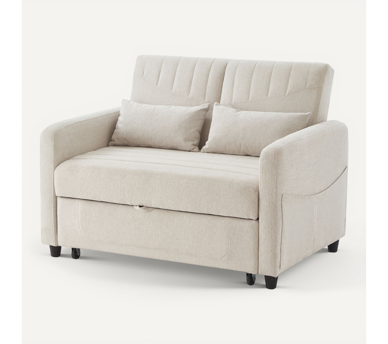 Canapé Convertible 2 Places 166x95 Cm – Canapé-lit, Dossier 3 Positions, Tissu Coton-lin Beige