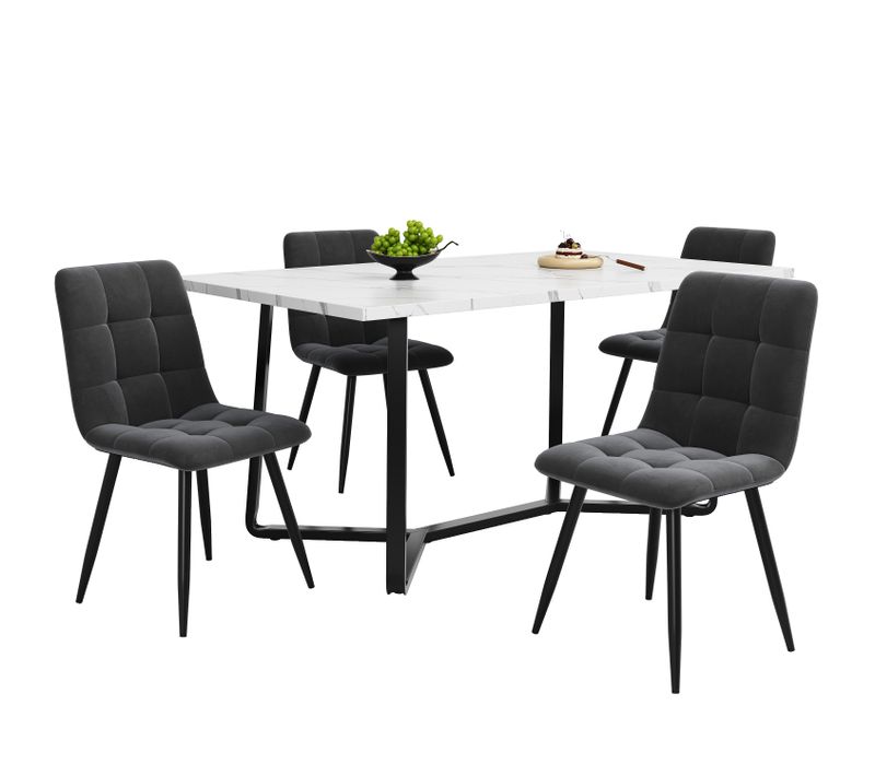 Set Repas 5 Pièces, Table à Manger + 4 Chaises Velours Gris — Effet Marbre Blanc, Pieds Métal Noir