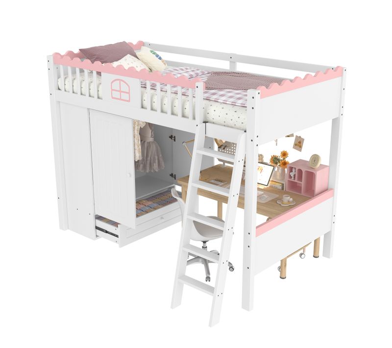 Lit Mezzanine Enfant 90x200 Cm En Bois De Pin, Avec LED, Rangement Et Armoire, En747, Blanc
